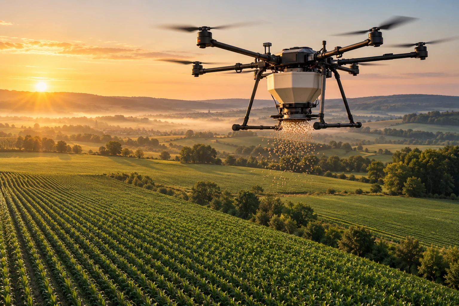 KI-generierte Darstellung einer Agrardrohne über einem Feld