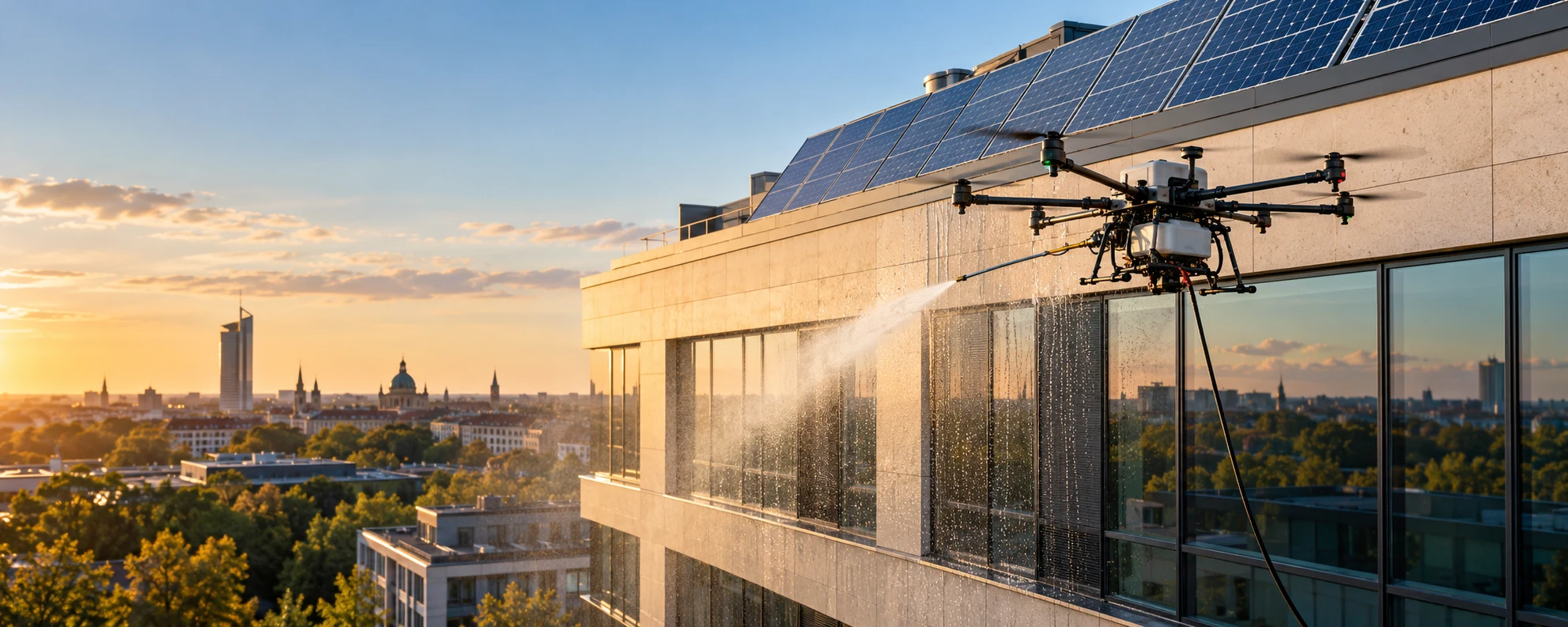 Illustration einer Reinigungsdrohne vor einer Fassade mit Photovoltaikanlage